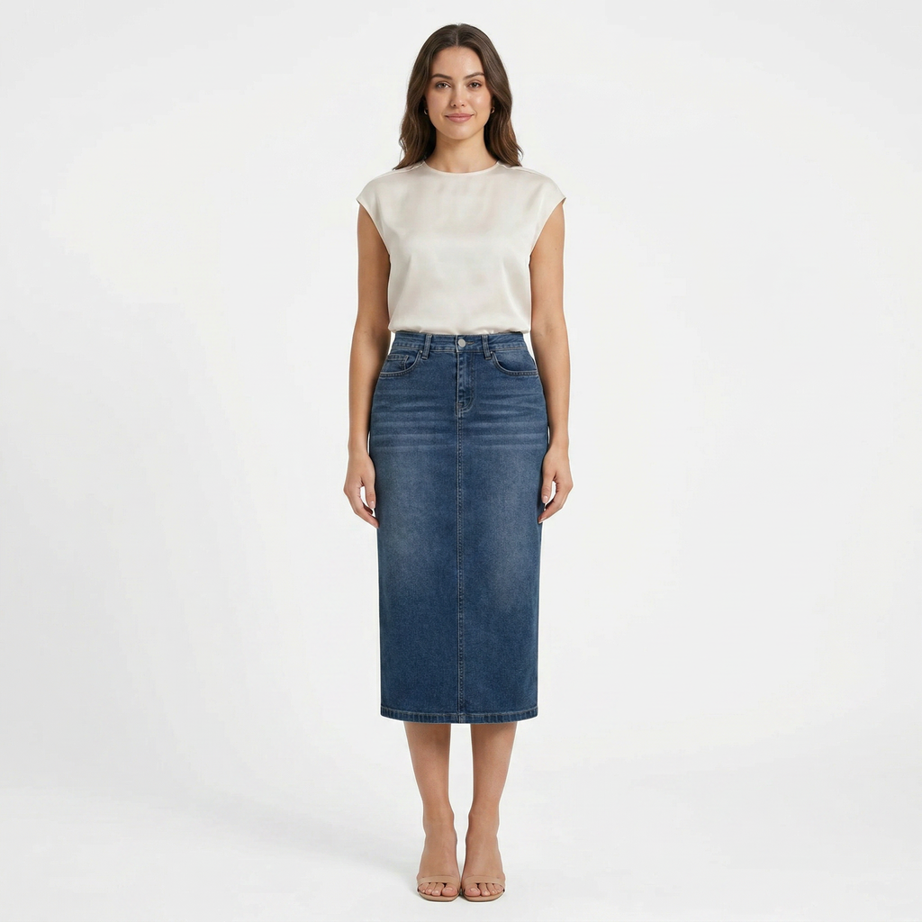 Valenomode - Women’s Straight Cut Denim Midi Skirt