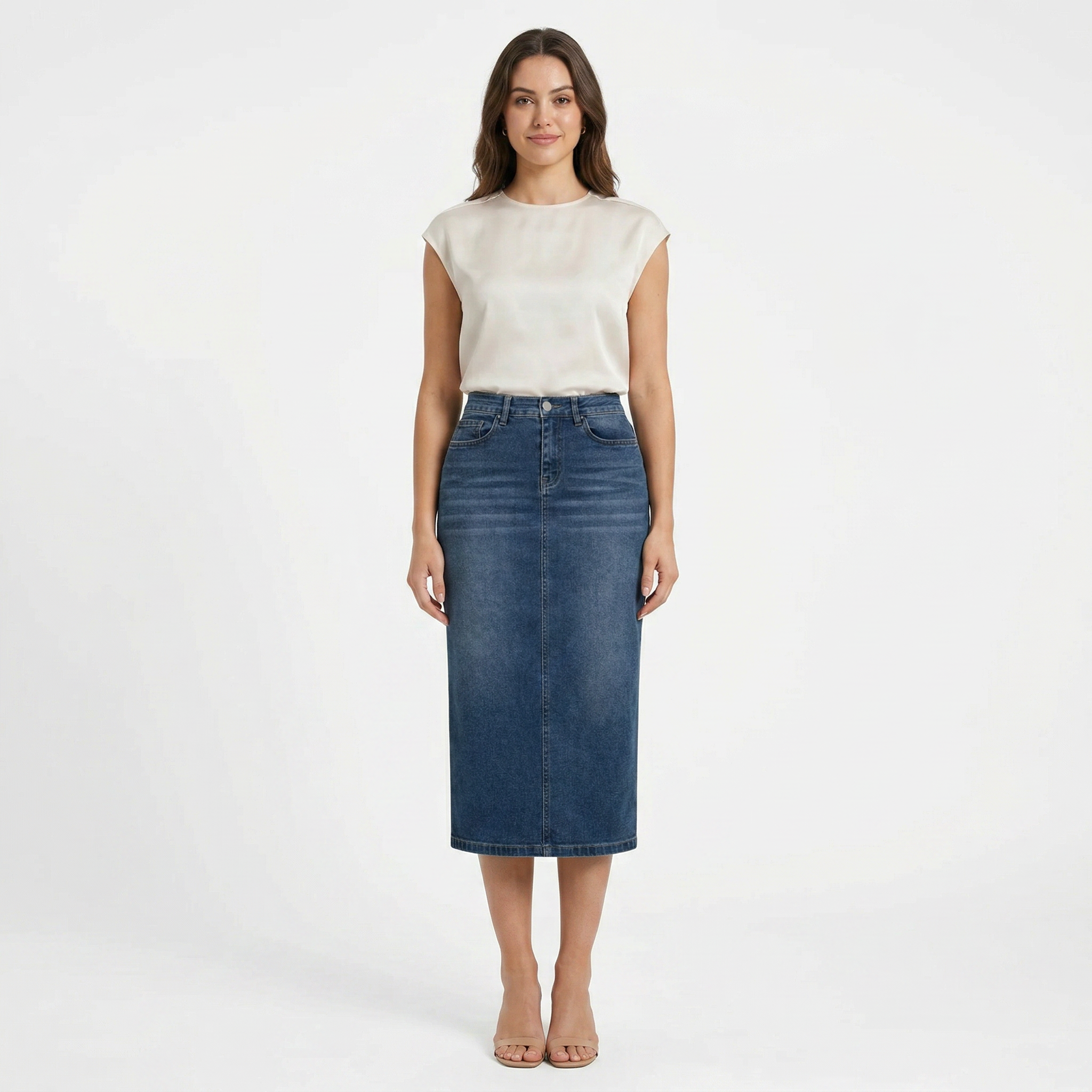 Valenomode - Women’s Straight Cut Denim Midi Skirt