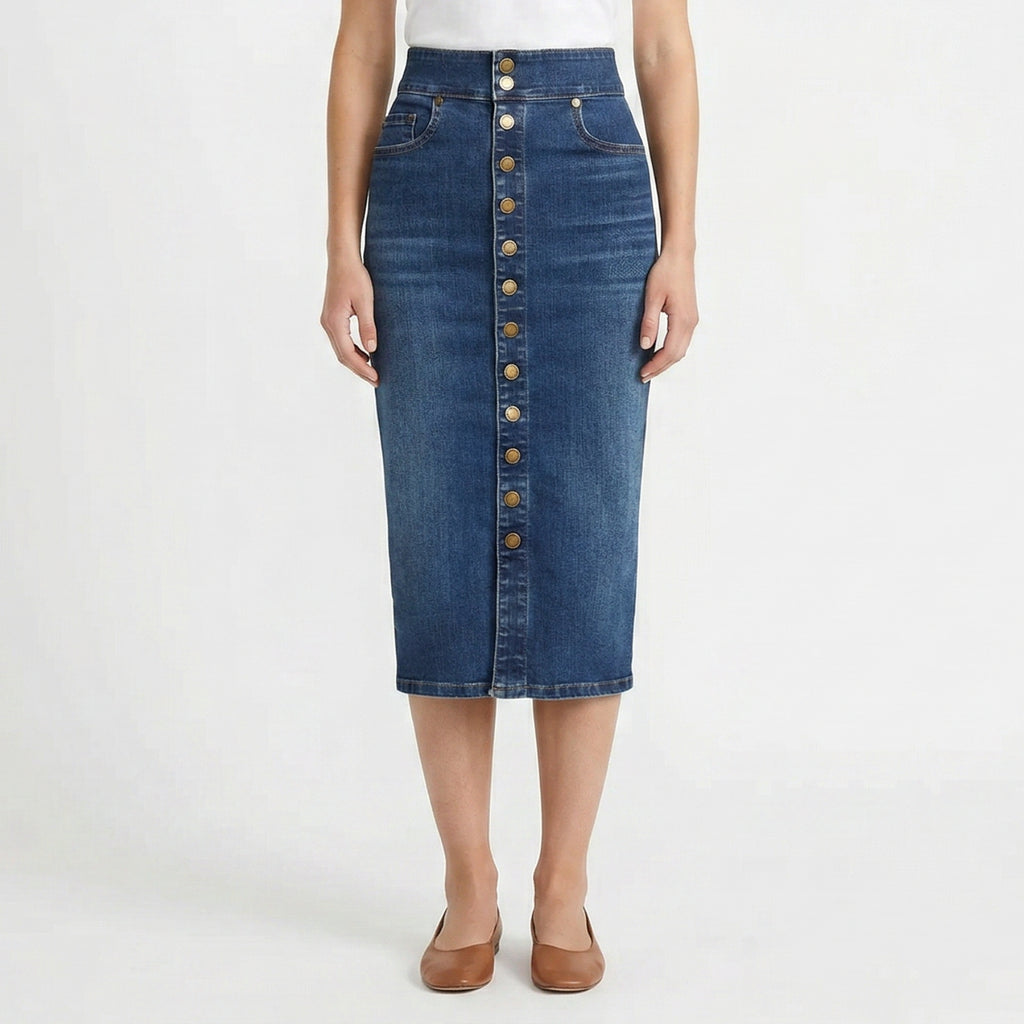 Valenomode - Women’s Buttoned Denim Front Midi Skirt