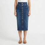 Valenomode - Women’s Buttoned Denim Front Midi Skirt
