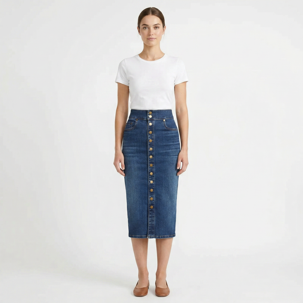 Valenomode - Women’s Buttoned Denim Front Midi Skirt