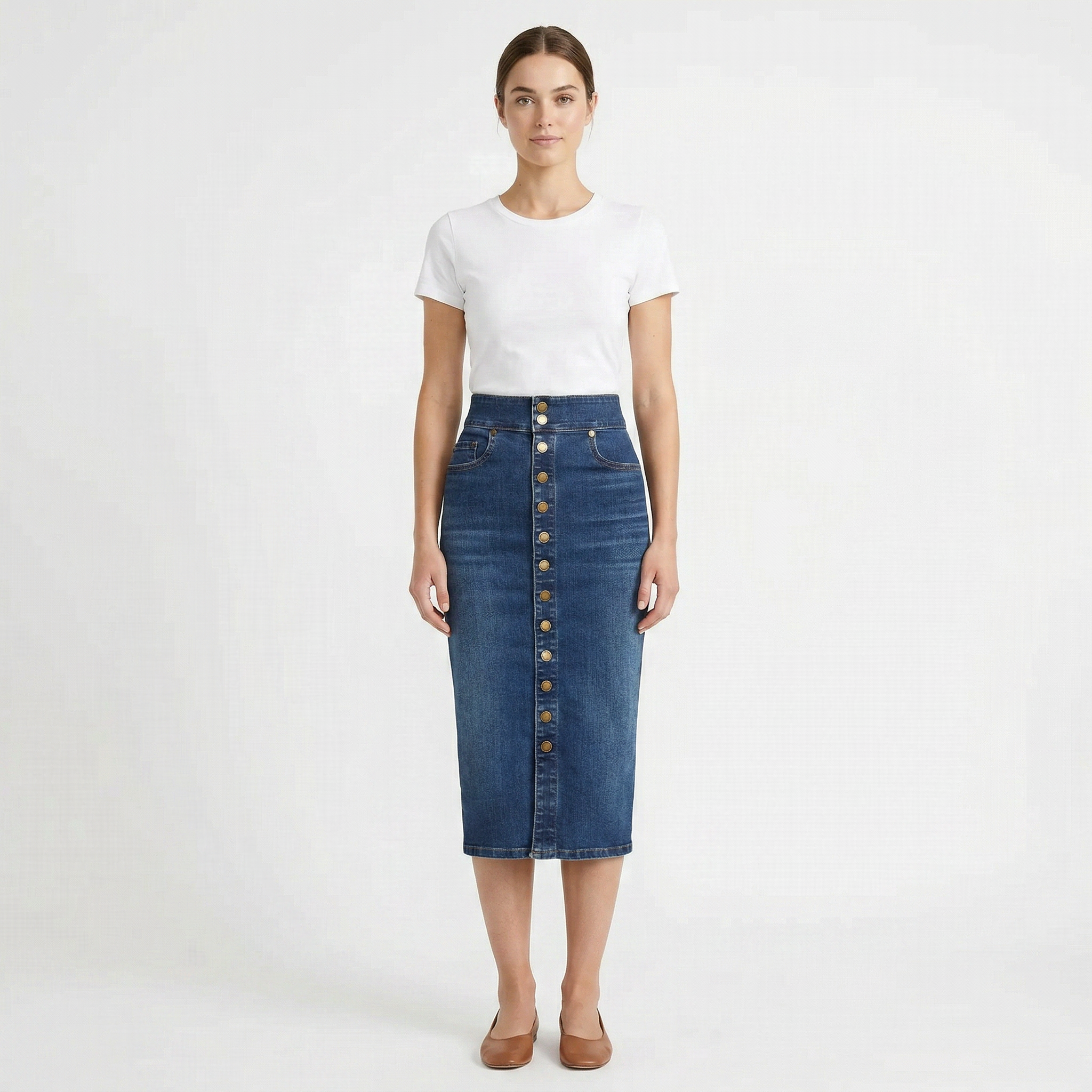 Valenomode - Women’s Buttoned Denim Front Midi Skirt