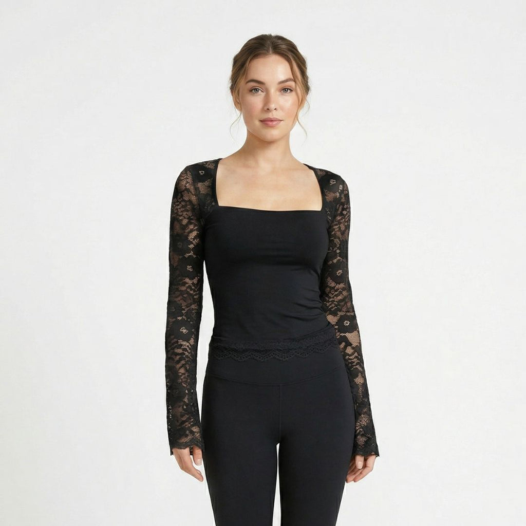 Valenomode - Women's Laced Square Neck Long Sleeve Top