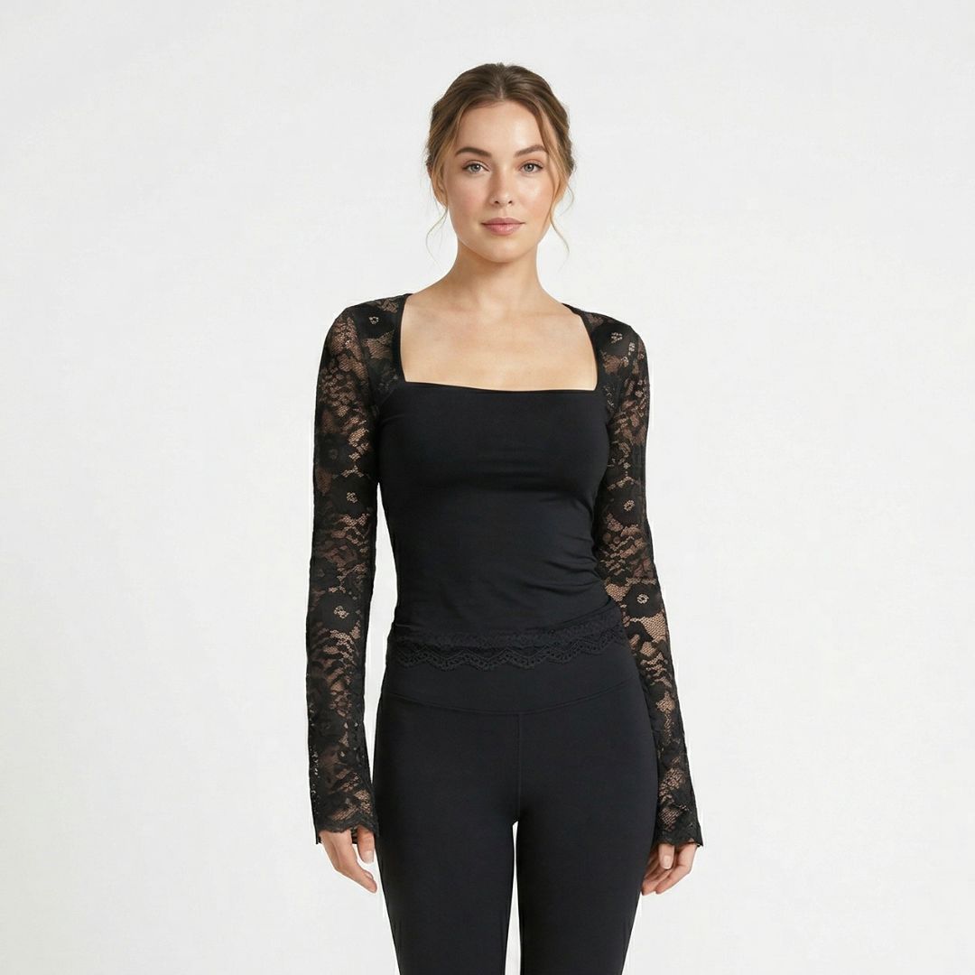 Valenomode - Women's Laced Square Neck Long Sleeve Top