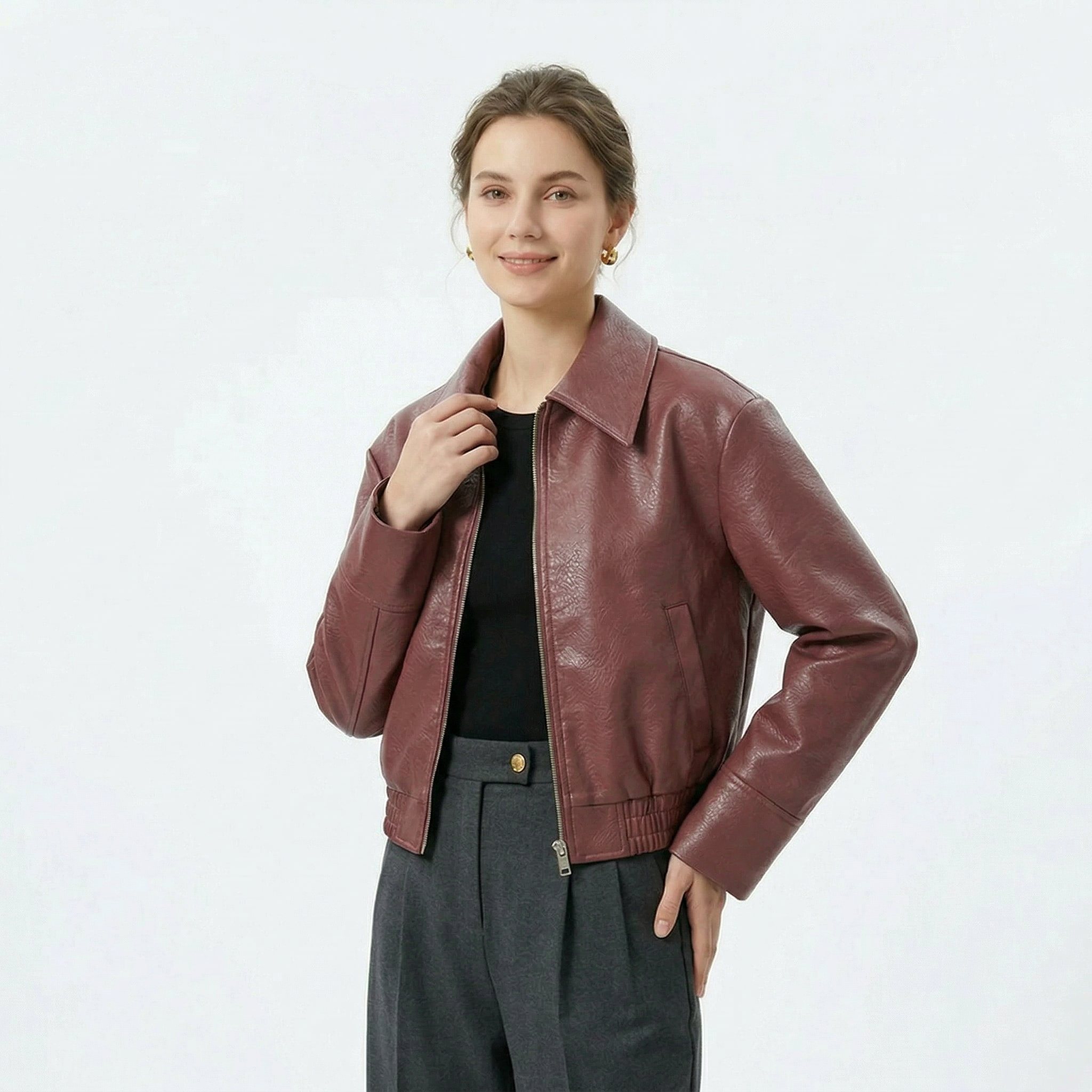 Women's Zip-Up Short Leather Jacket