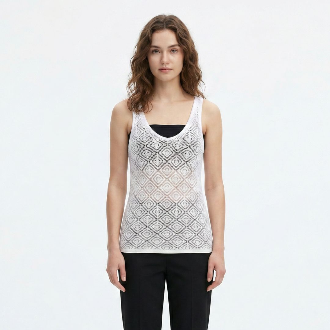 Valenomode - Women’s Sleeveless Scoop Laced Neck Top