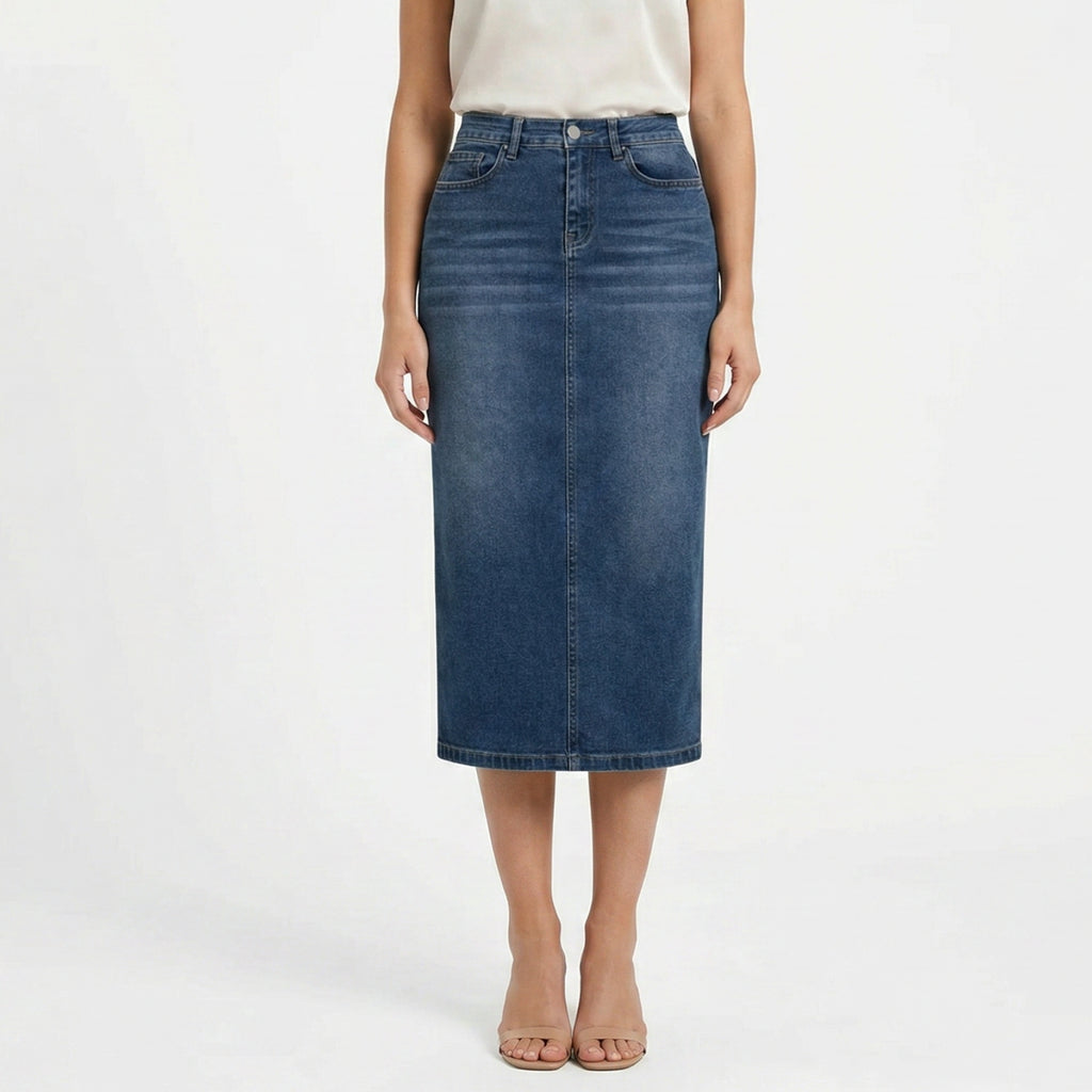 Valenomode - Women’s Straight Cut Denim Midi Skirt