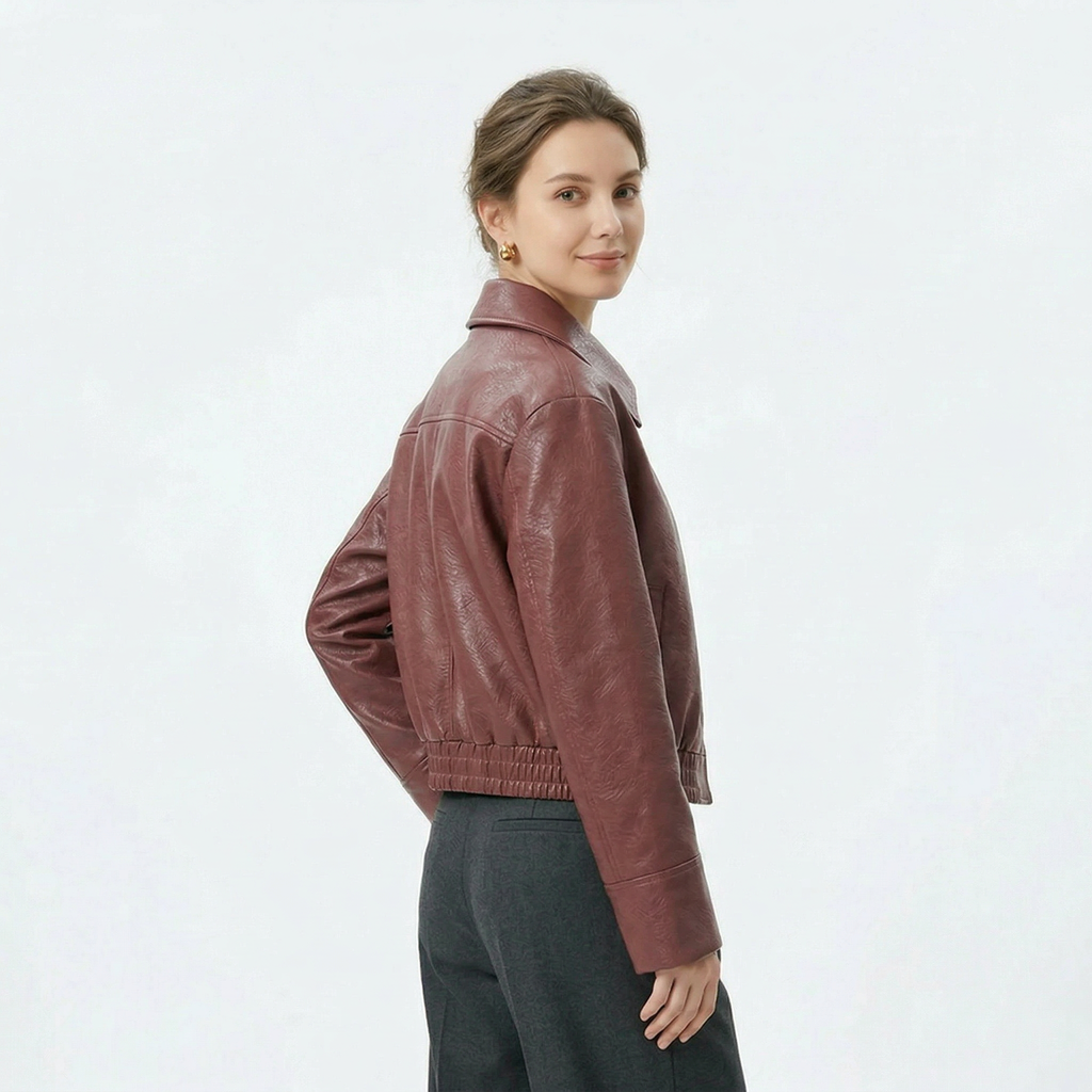 Women's Zip-Up Short Leather Jacket