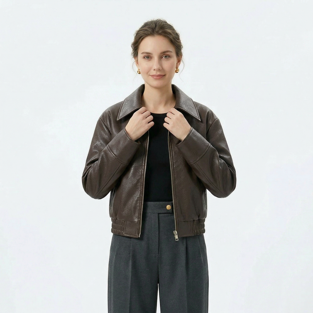 Women's Zip-Up Short Leather Jacket