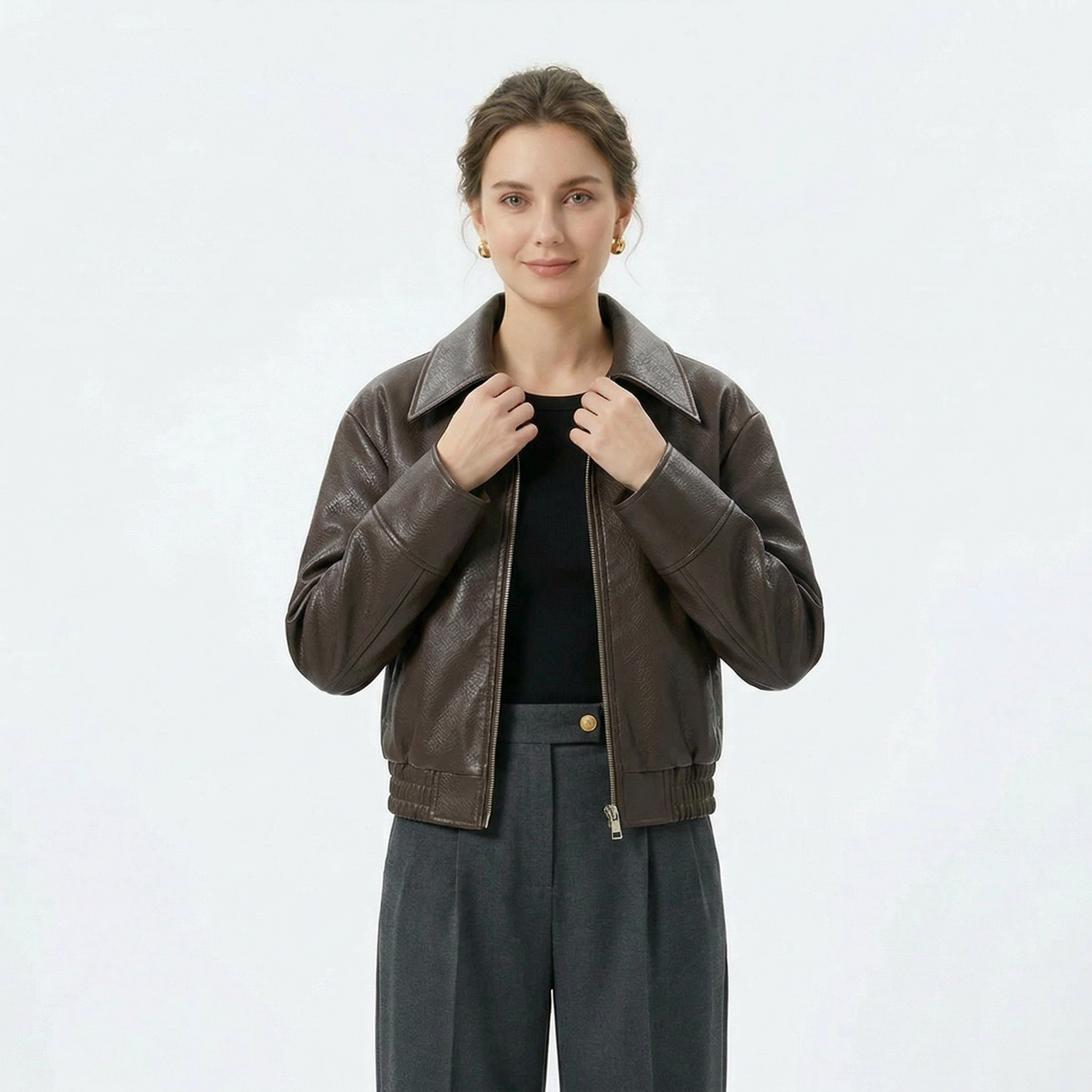 Women's Zip-Up Short Leather Jacket