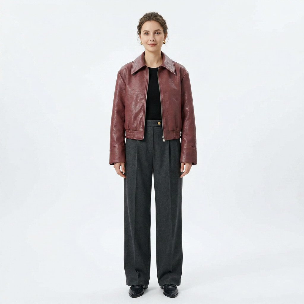 Women's Zip-Up Short Leather Jacket