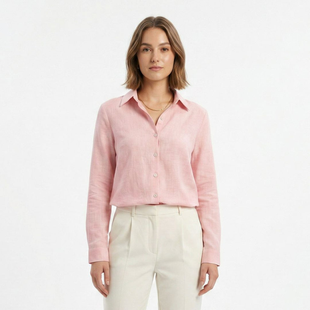 Valenomode - Women’s Linen Button Front Long Sleeve Top
