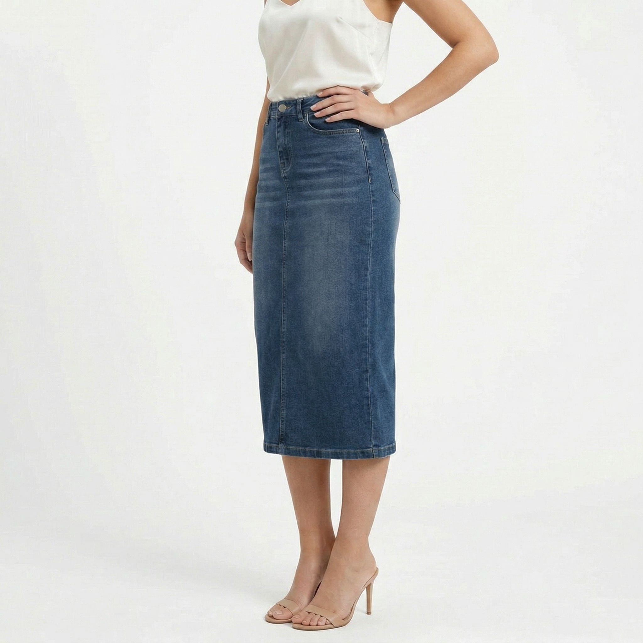Valenomode - Women’s Straight Cut Denim Midi Skirt