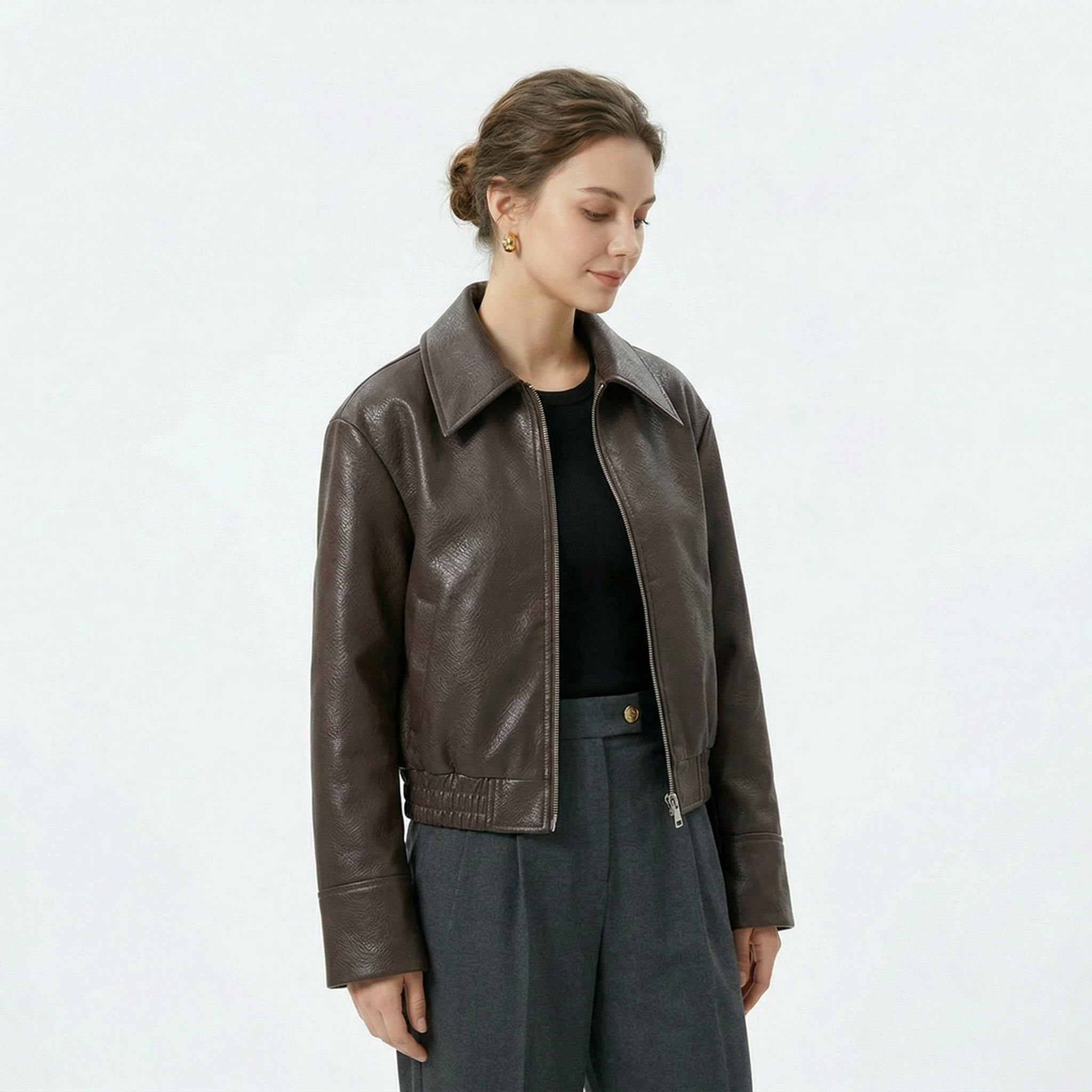 Women's Zip-Up Short Leather Jacket