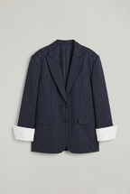 Women Oversized Pinstripe Blazer Single Breasted Loose Fit Navy