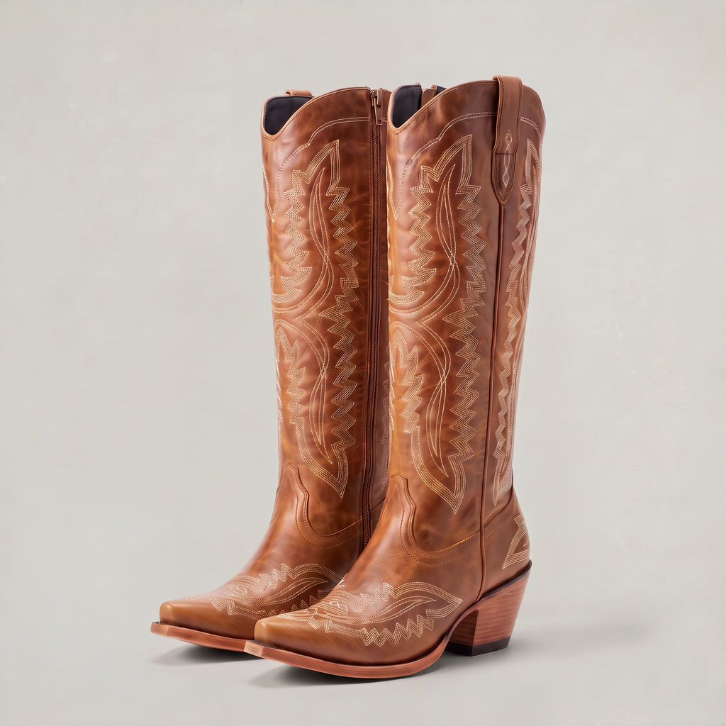 Women's Tall Western Boots - Embroidered Cowboy Boots Pointed Toe Block Heel