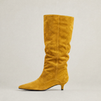 Women's Slouchy Knee High Boots - Faux Low Heel Pointed Toe Pull On Tall Boots