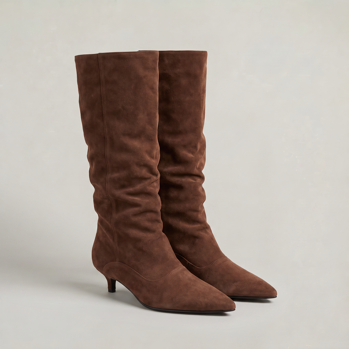 Women's Slouchy Knee High Boots - Faux Low Heel Pointed Toe Pull On Tall Boots