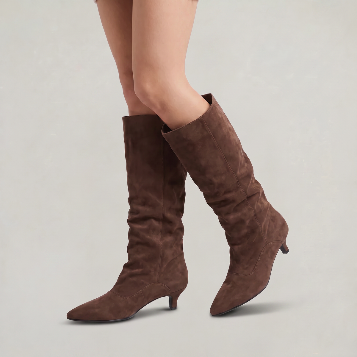 Women's Slouchy Knee High Boots - Faux Low Heel Pointed Toe Pull On Tall Boots