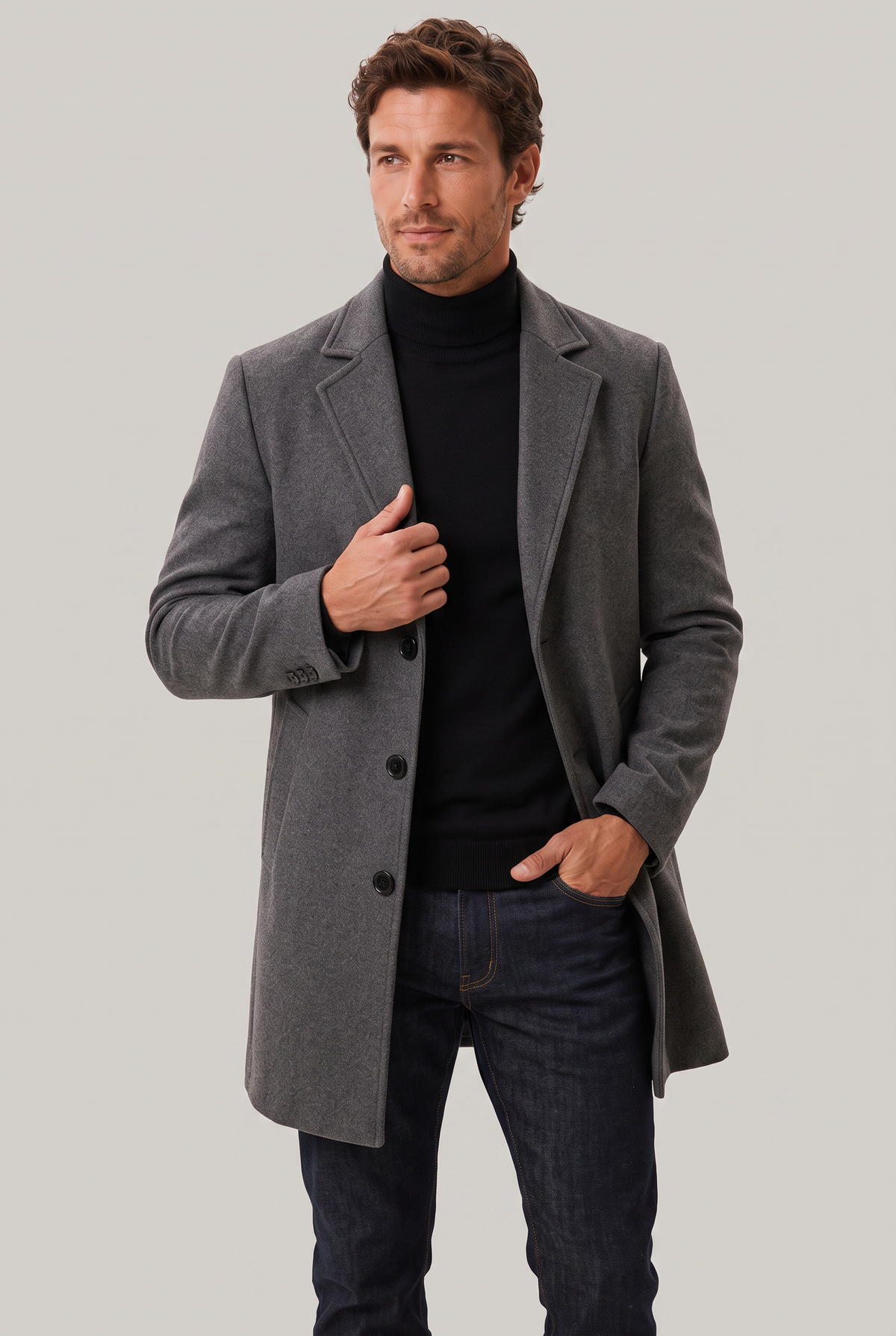 Men's Single Breasted Overcoat - Mid Length Tailored Notch Lapel Smart Casual Winter Coat