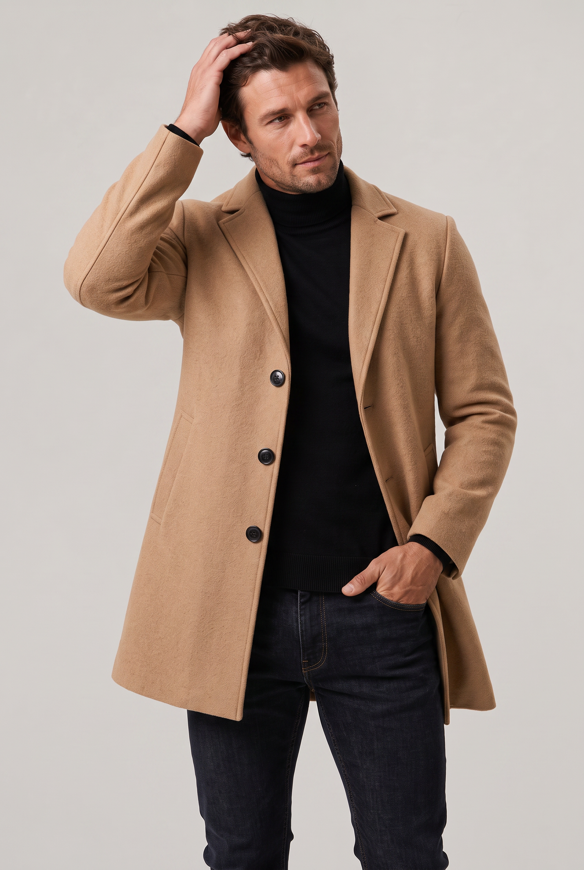Men's Single Breasted Overcoat - Mid Length Tailored Notch Lapel Smart Casual Winter Coat