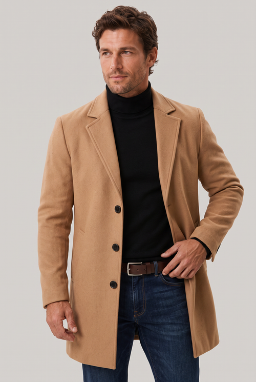 Men's Single Breasted Overcoat - Mid Length Tailored Notch Lapel Smart Casual Winter Coat