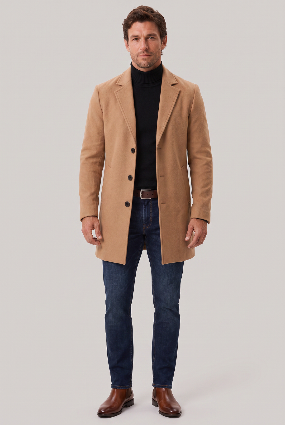 Men's Single Breasted Overcoat - Mid Length Tailored Notch Lapel Smart Casual Winter Coat