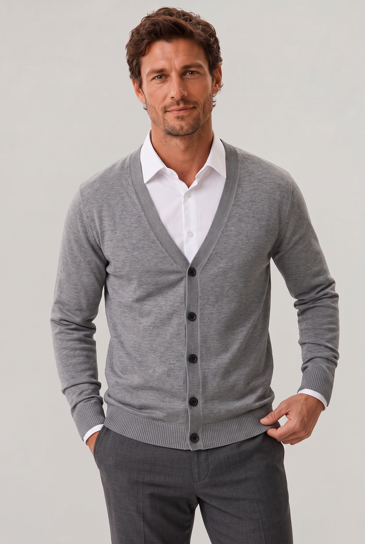 Men's V Neck Cardigan - Buttoned Knit Sweater Fine Gauge Smart Casual Jumpe