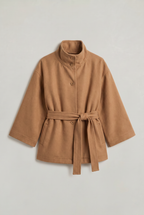 Women's Button Front Cape Coat - Stand Collar Belted Wrap Batwing Sleeve Autumn