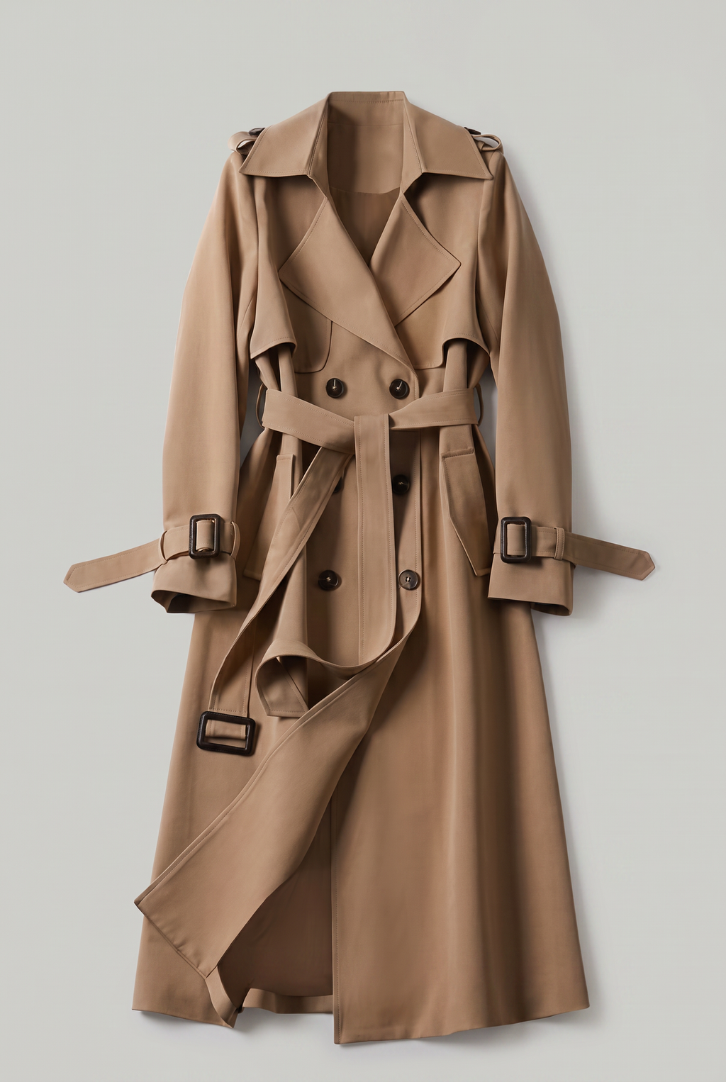 Women's Trench Coat - Double Breasted Belted Longline Classic Lapel Smart Casual Jacket