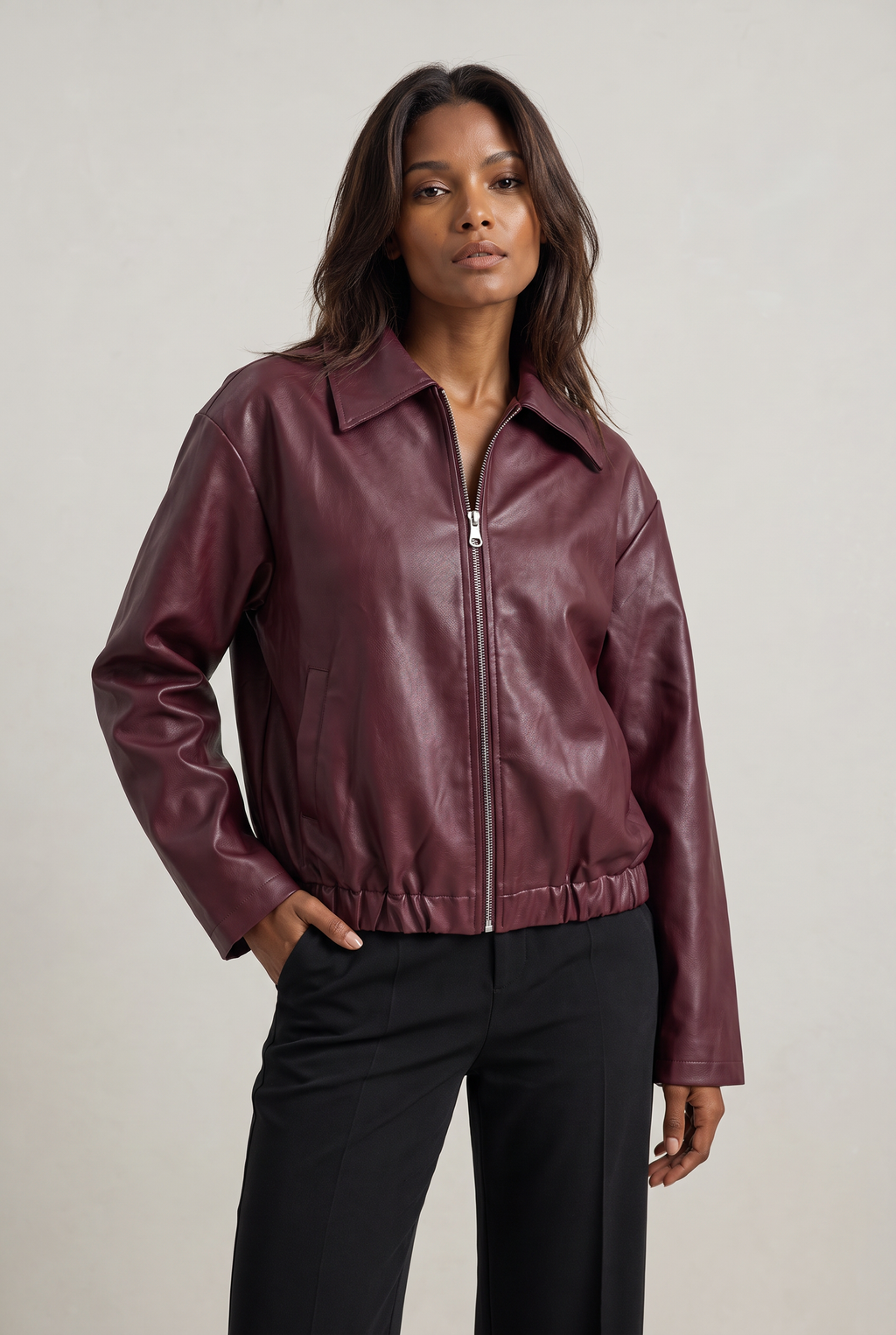 Women's Leather Look Jacket - Oversized Vintage Moto Zip Up
