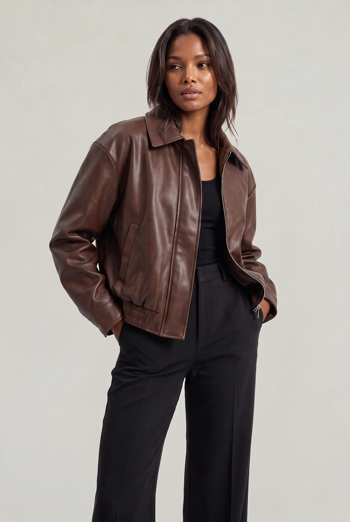 Women's Leather Look Jacket - Oversized Vintage Moto Zip Up