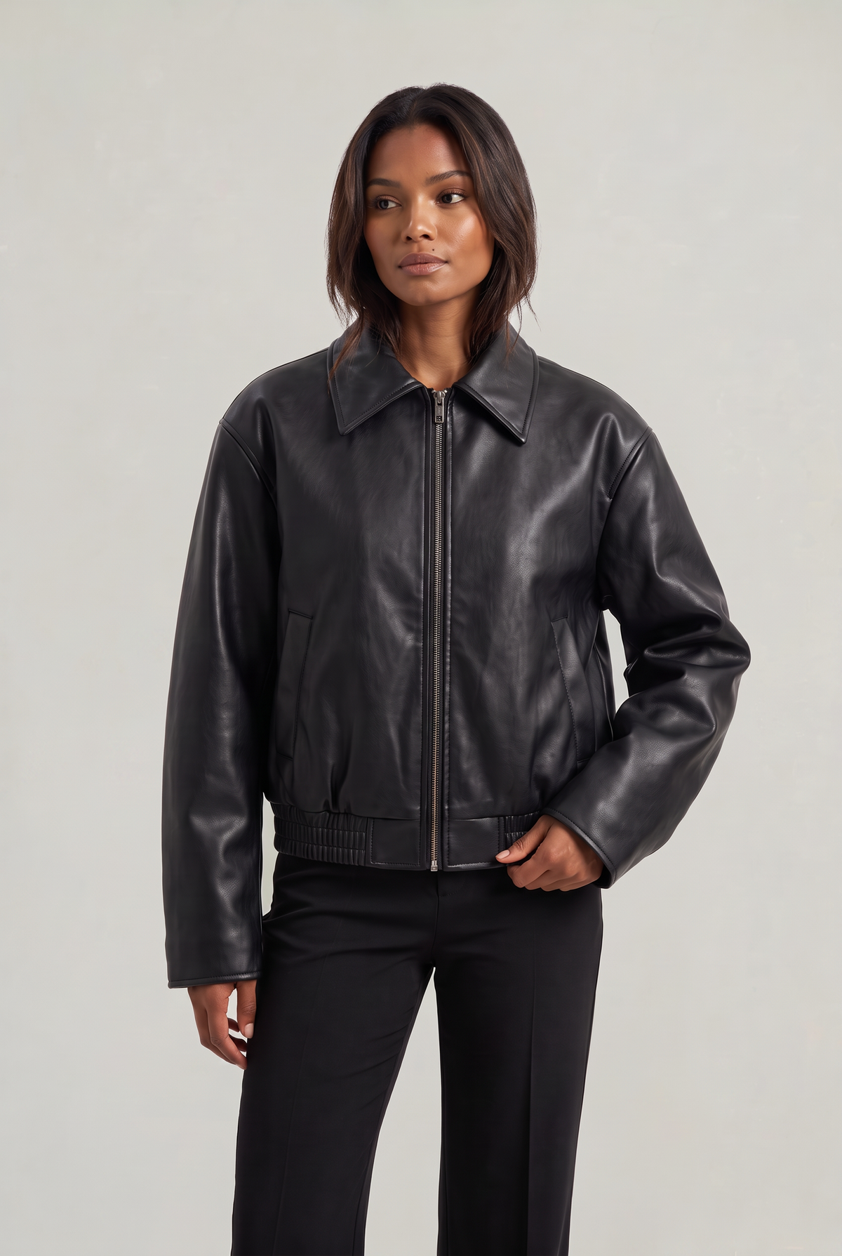 Women's Leather Look Jacket - Oversized Vintage Moto Zip Up