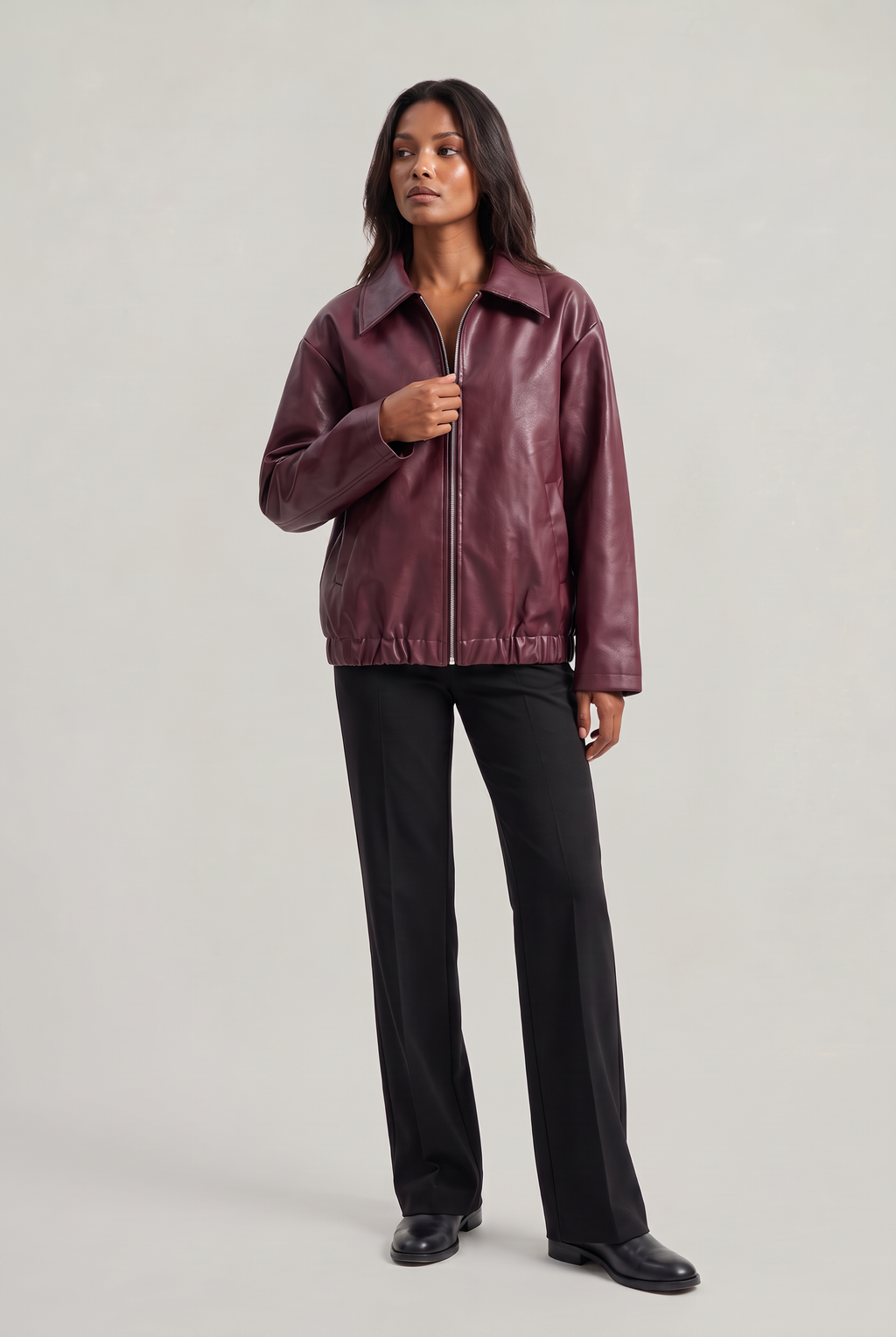 Women's Leather Look Jacket - Oversized Vintage Moto Zip Up