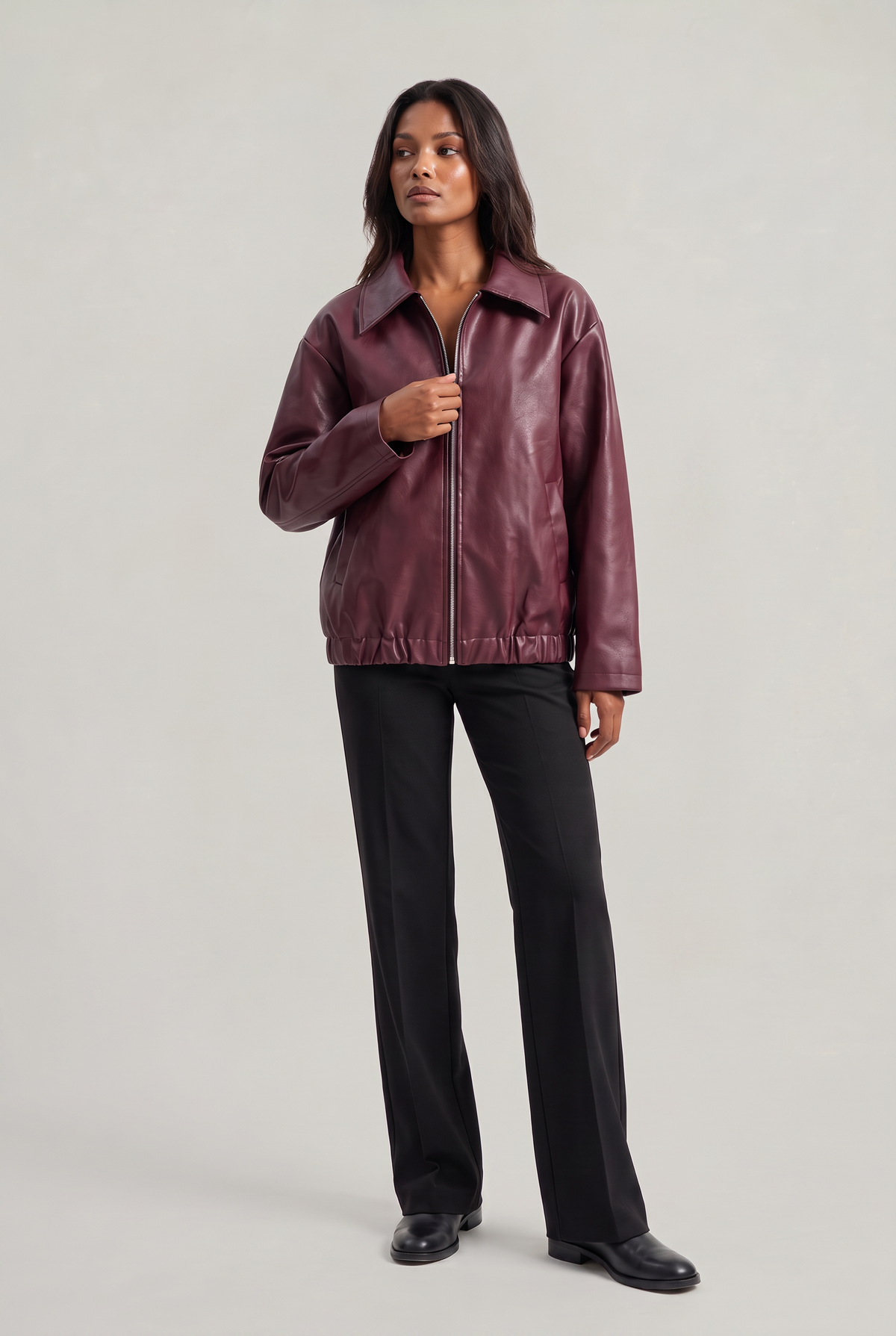 Women's Leather Look Jacket - Oversized Vintage Moto Zip Up
