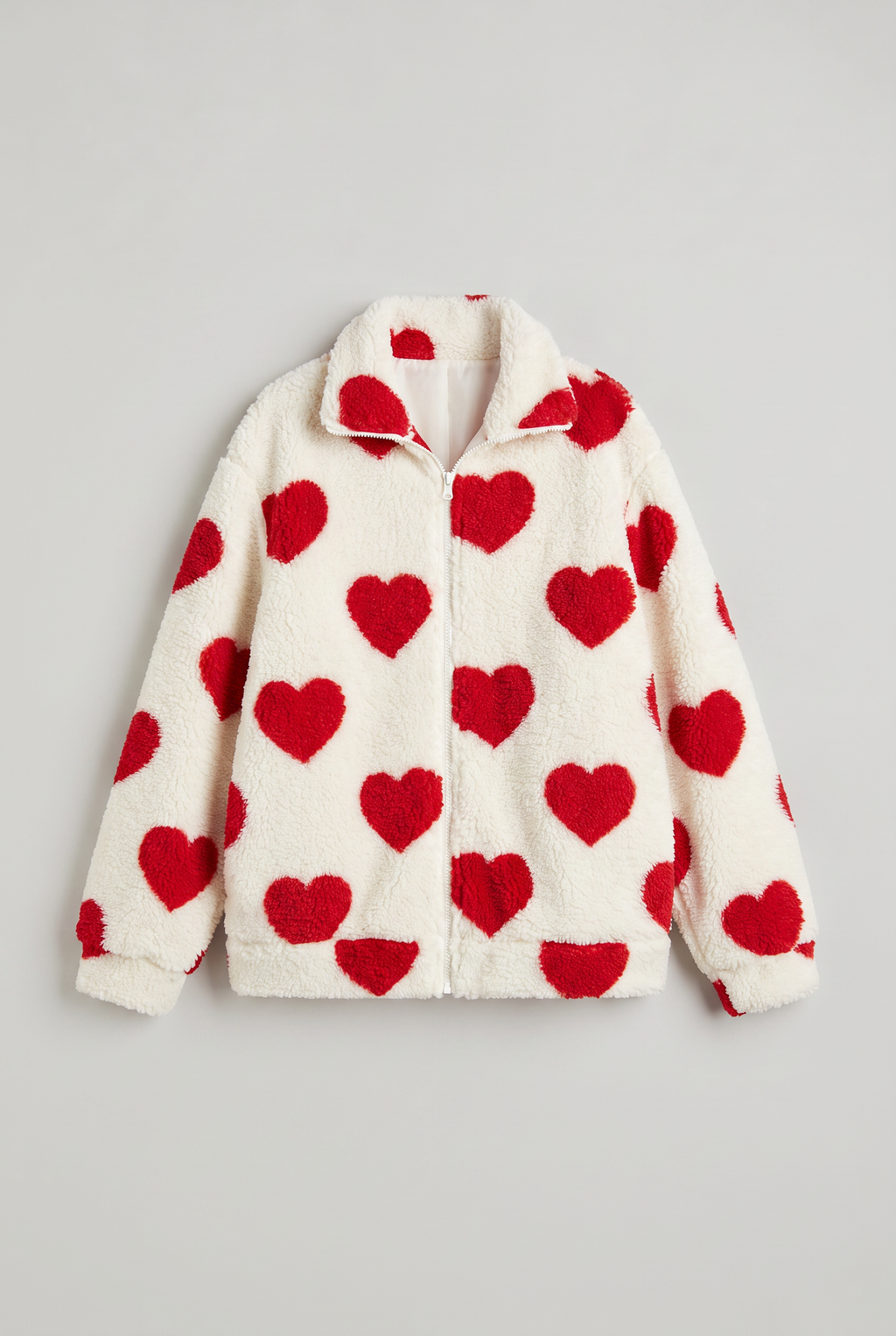 Women's Heart Print Teddy Jacket - Fleece Zip Up Coat
