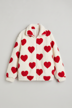 Women's Heart Print Teddy Jacket - Fleece Zip Up Coat