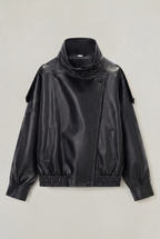 Women's Leather Look Biker Jacket - Oversized Faux Leather Zip Up
