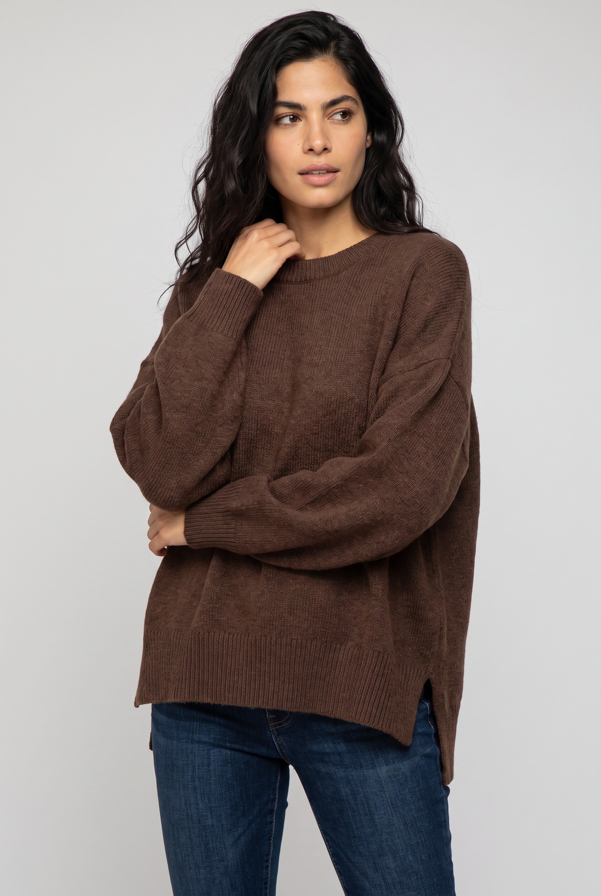 Women's Oversized Knit Jumper - Crew Neck Drop Shoulder Sweater