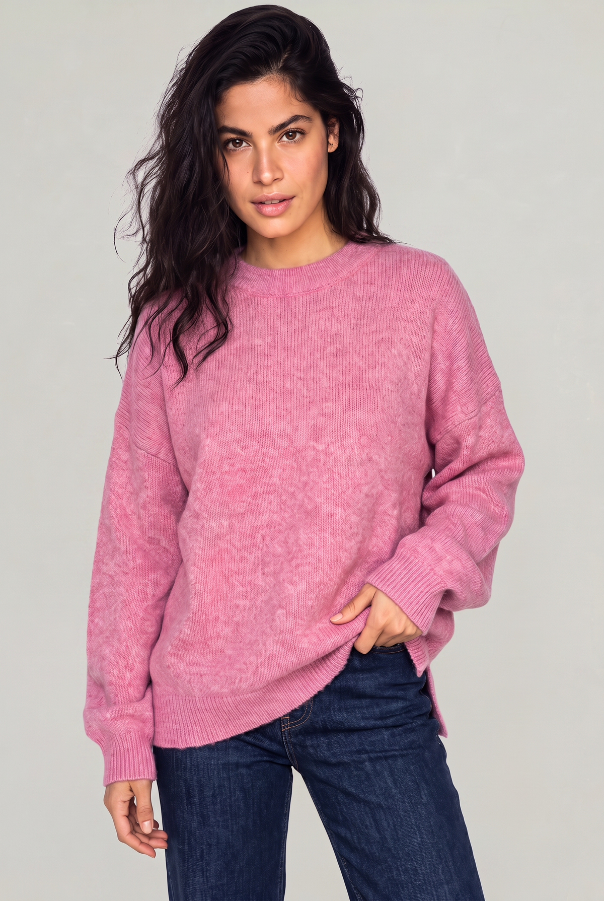 Women's Oversized Knit Jumper - Crew Neck Drop Shoulder Sweater