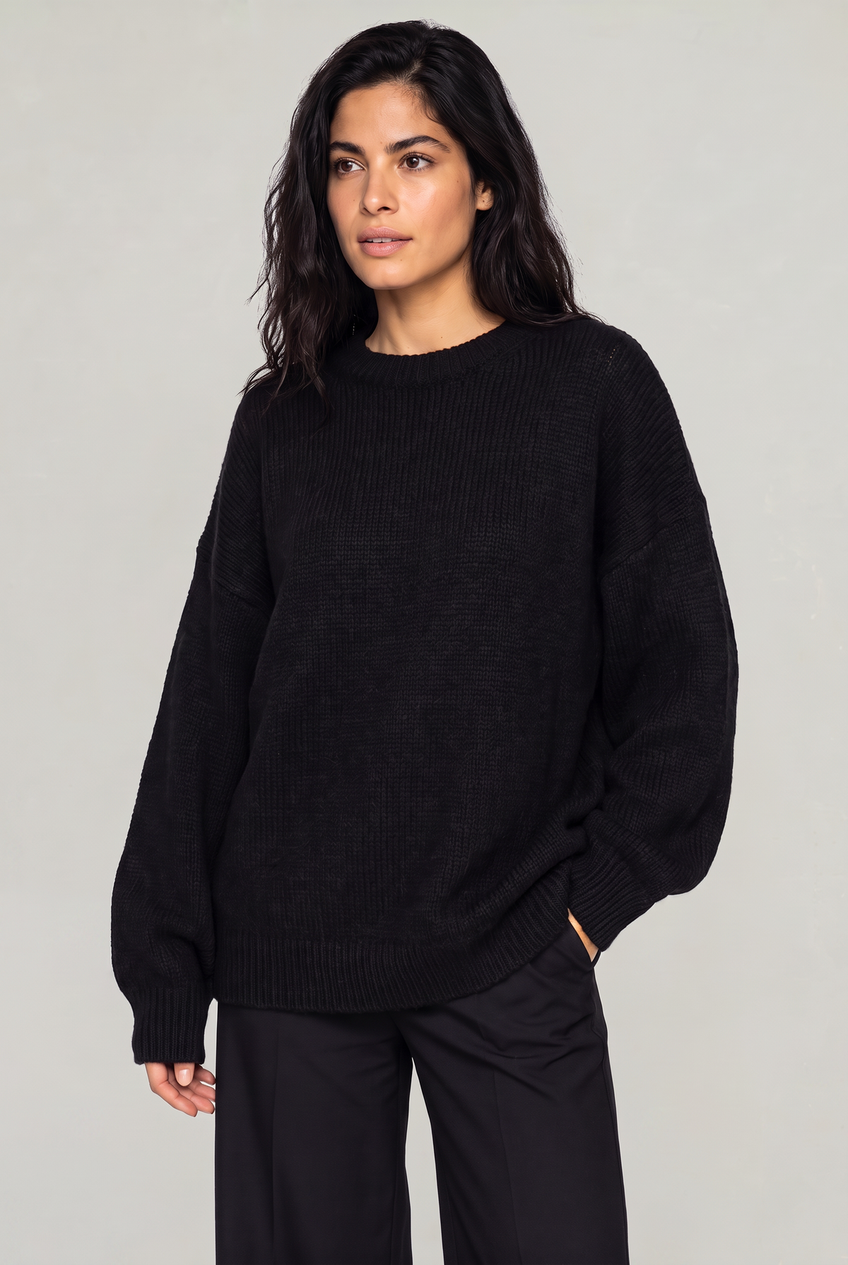 Women's Oversized Knit Jumper - Crew Neck Drop Shoulder Sweater