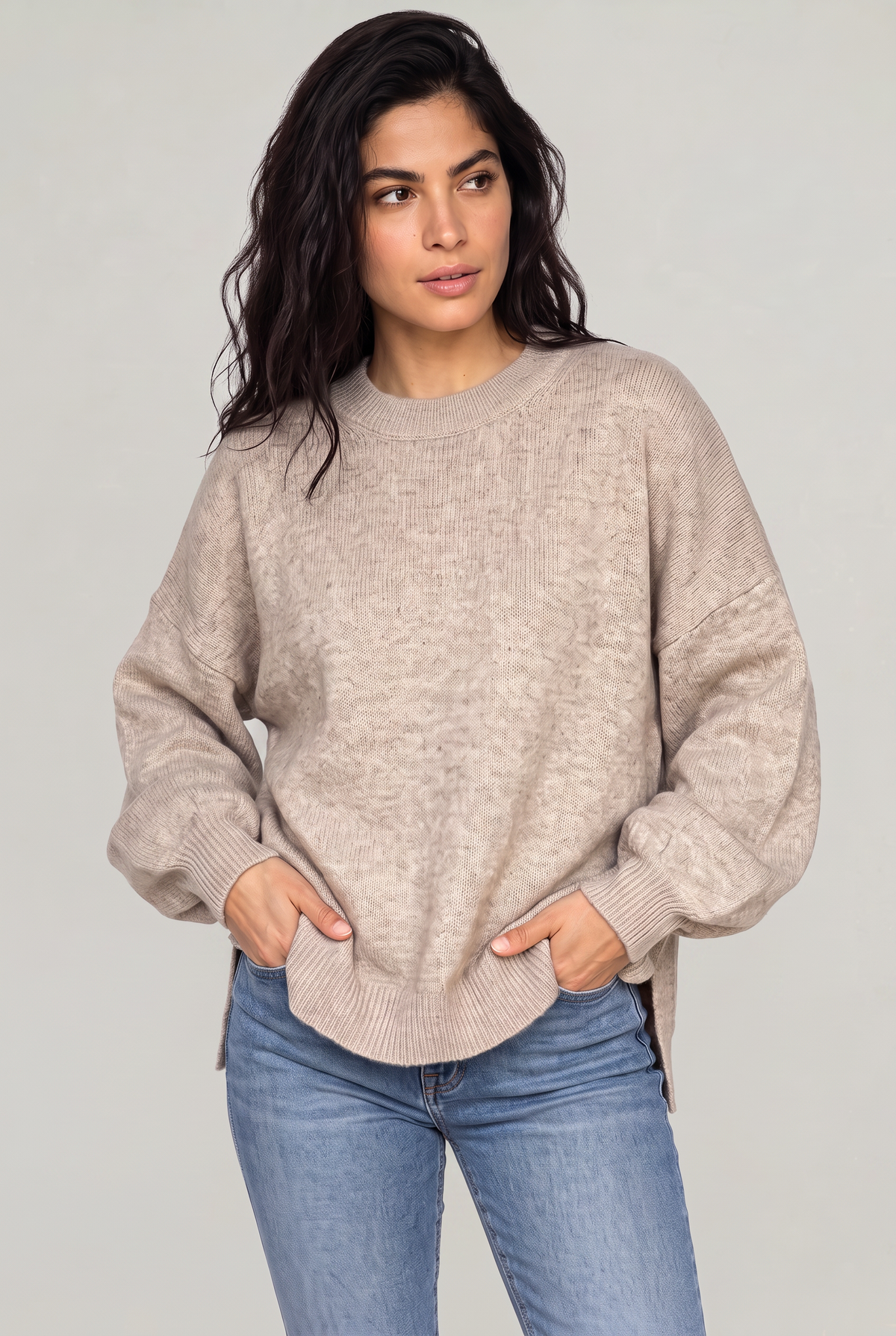 Women's Oversized Knit Jumper - Crew Neck Drop Shoulder Sweater