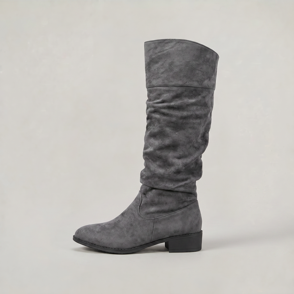 Women's Knee High Boots - Suede Look Slouchy Buckle