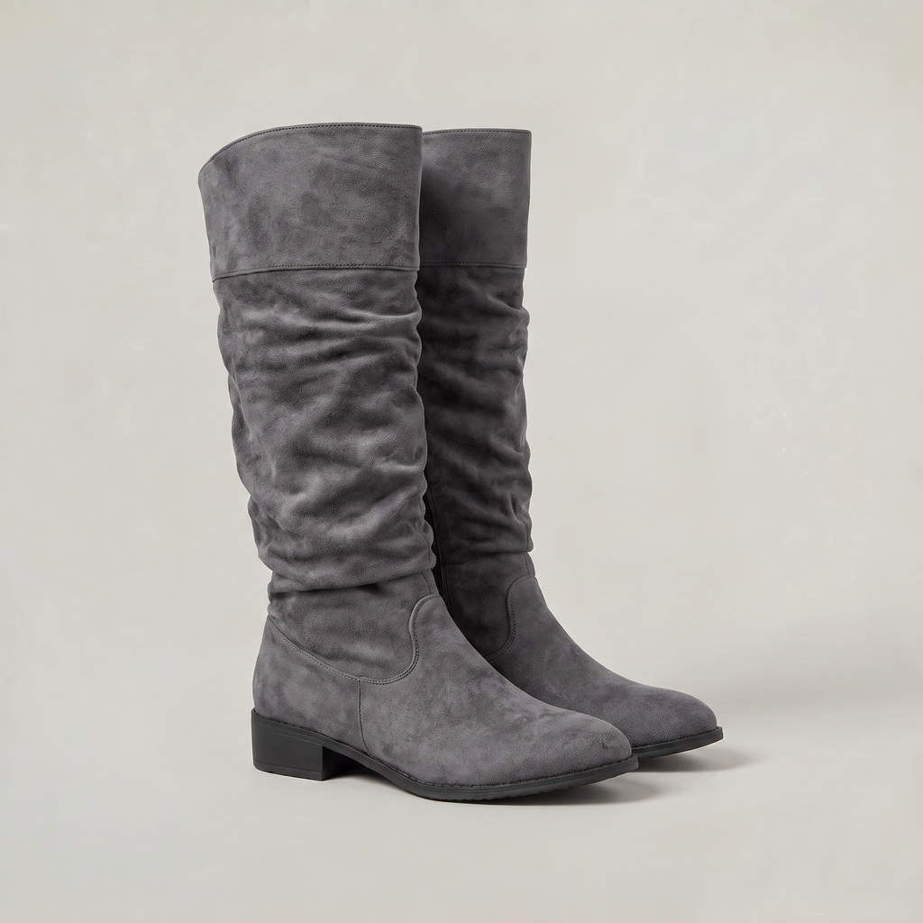 Women's Knee High Boots - Suede Look Slouchy Buckle