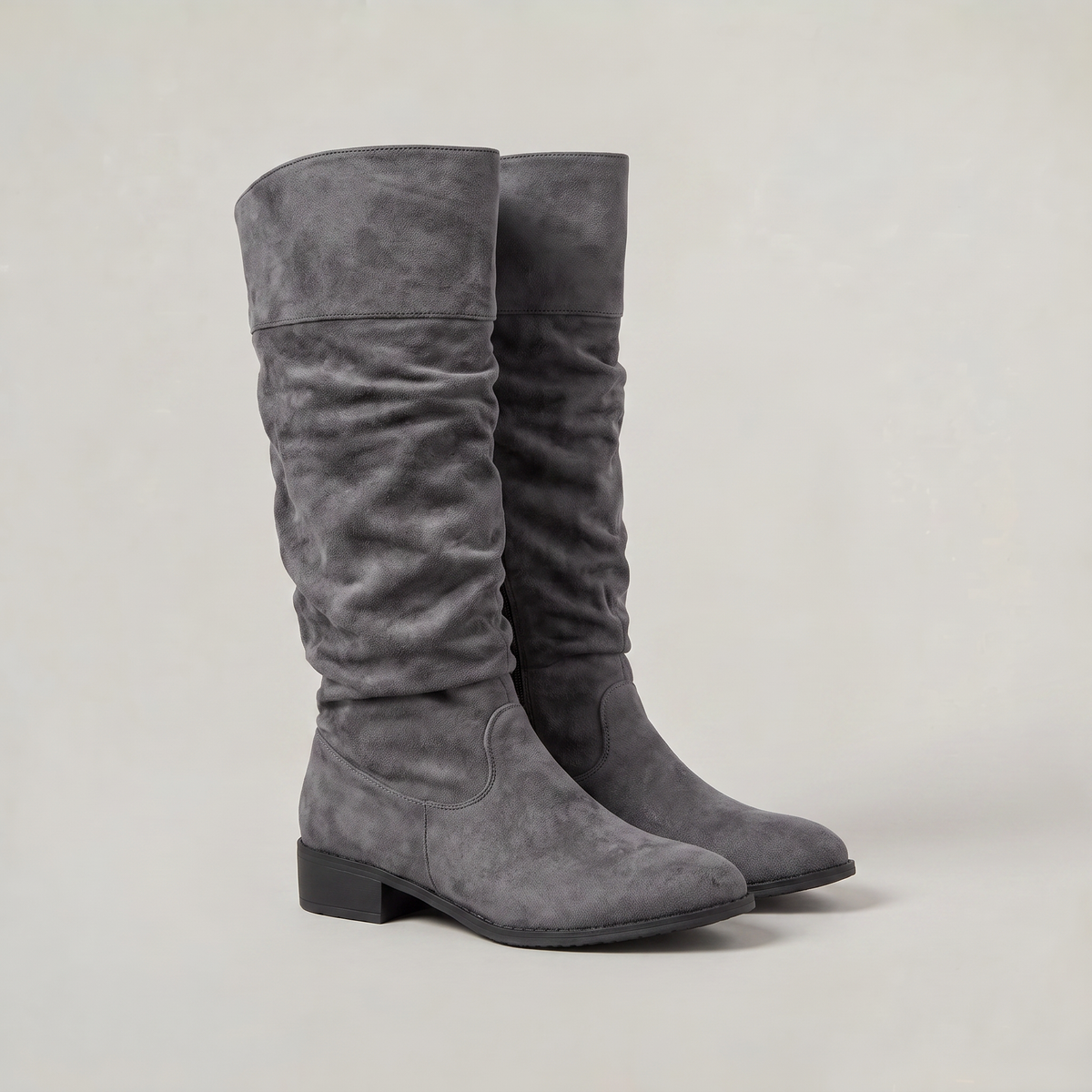 Women's Knee High Boots - Suede Look Slouchy Buckle