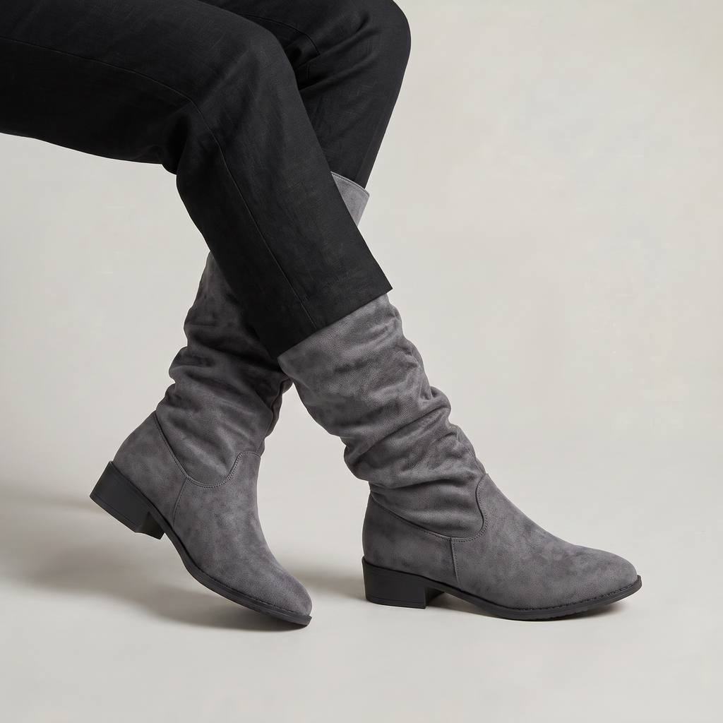 Women's Knee High Boots - Suede Look Slouchy Buckle