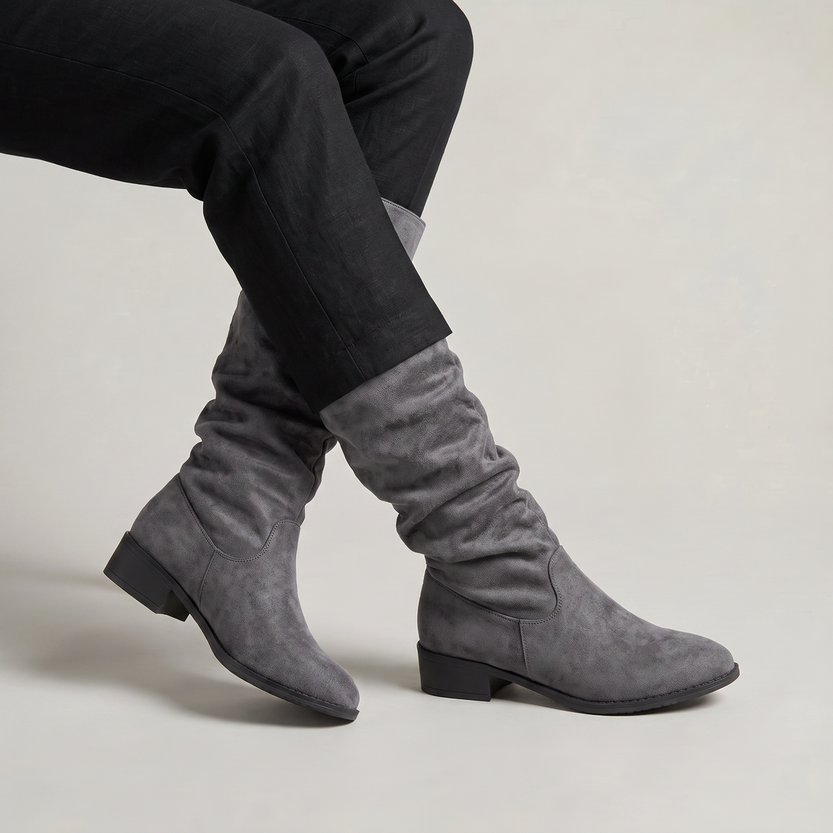 Women's Knee High Boots - Suede Look Slouchy Buckle