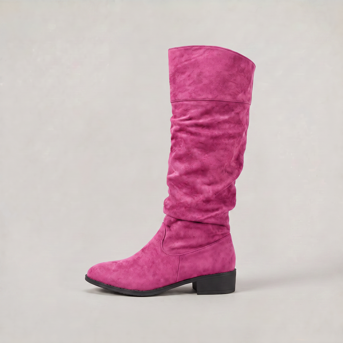 Women's Knee High Boots - Suede Look Slouchy Buckle