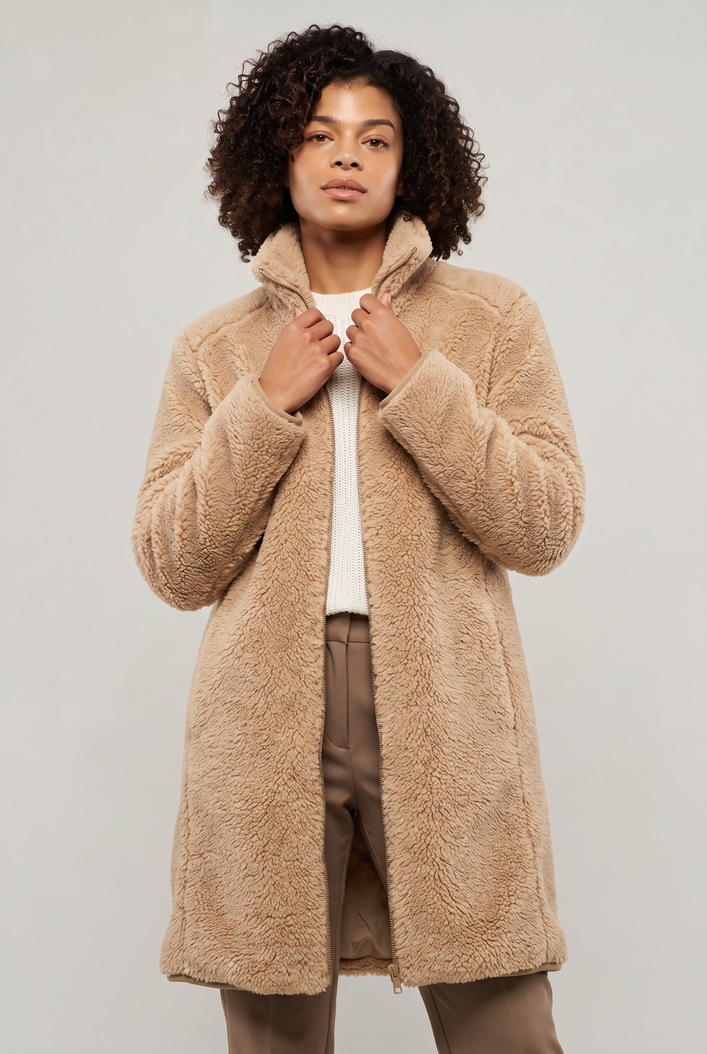 Women's Long Teddy Fleece Coat - Zip Up Stand Collar Winter Jacket