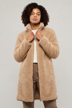 Women's Long Teddy Fleece Coat - Zip Up Stand Collar Winter Jacket